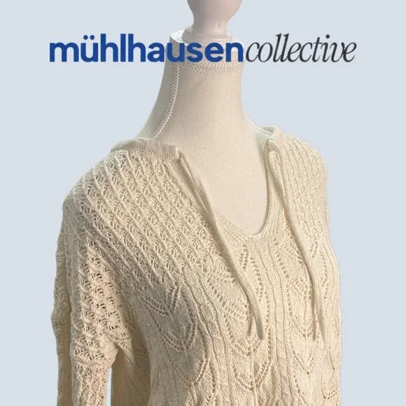 Lands’ End Cream Knit Sweater Small Boho Crochet Lightweight Cozy - Picture 3 of 7